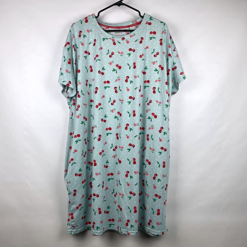 Joyspun Cherry Polka Dot Sleepshirt Plus 2X-3X Mint Green Pockets Nightgown